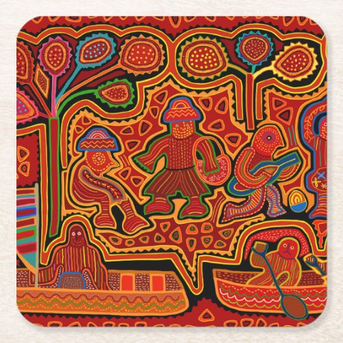 Kuna Indian Mola Men in Boats Square Paper Coaster