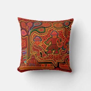 Kuna Indian Mola Men in Boats Throw Pillow