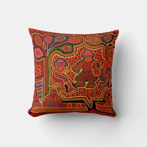 Kuna Indian Mola Men in Boats Throw Pillow