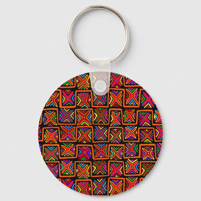 Kuna Indian Mola Tribal Checks - Red Keychain (Front)