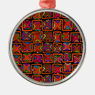 Kuna Indian Mola Tribal Checks - Red Metal Ornament