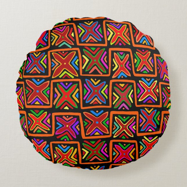 Kuna Indian Mola Tribal Checks - Red Round Pillow (Front)