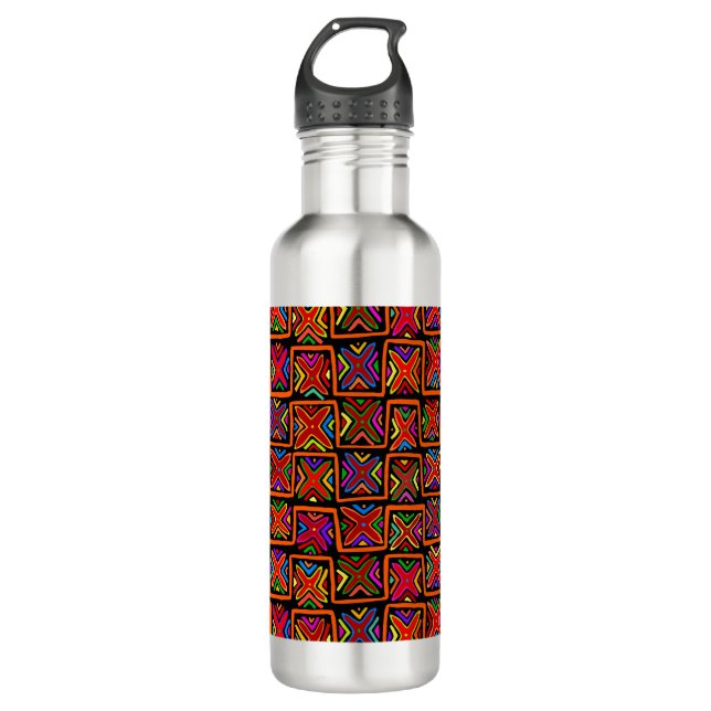 Kuna Indian Mola Tribal Checks - Red Stainless Steel Water Bottle (Front)