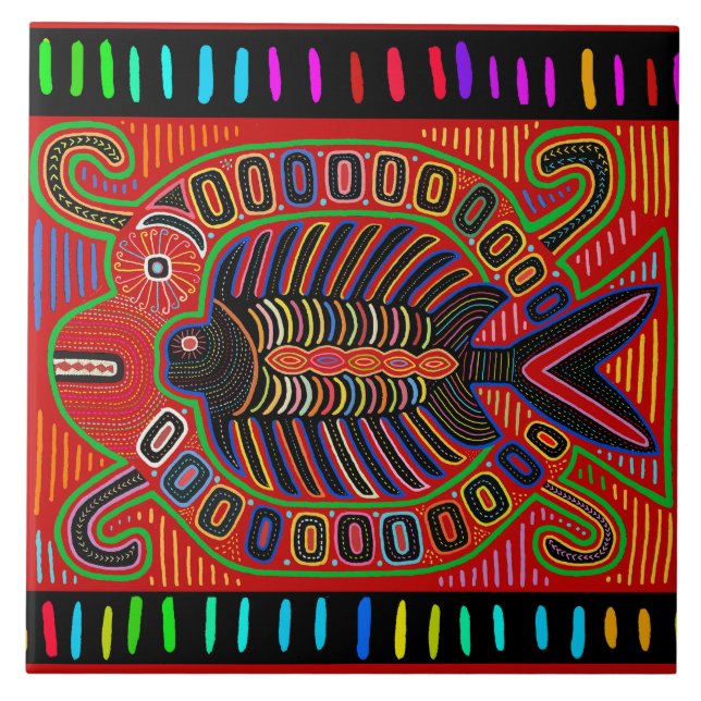 Kuna Indian Pescado Mola Ceramic Tile (Front)