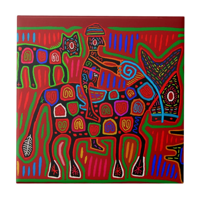 Kuna Indian Rodeo Cowboy Ceramic Tile (Front)