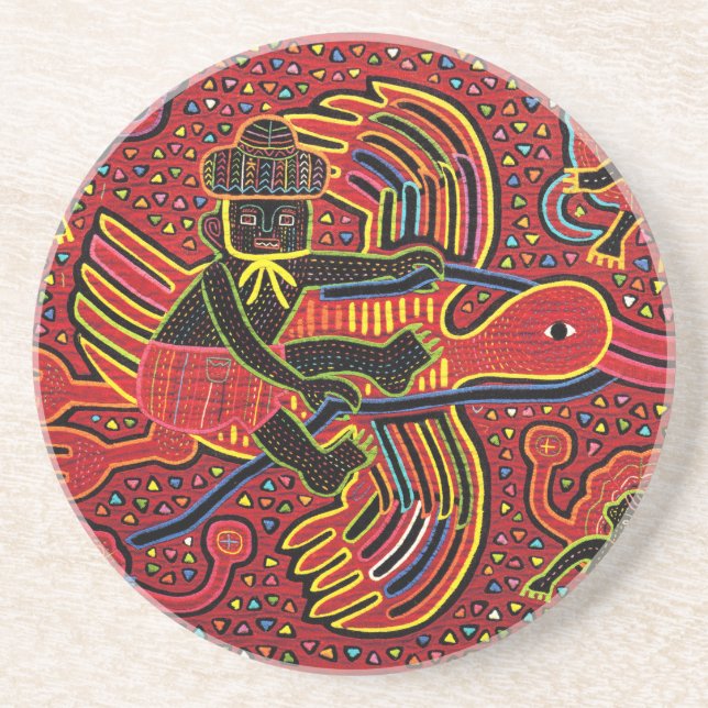 Kuna Indian Stork Bringing Baby Design Drink Coaster (Front)