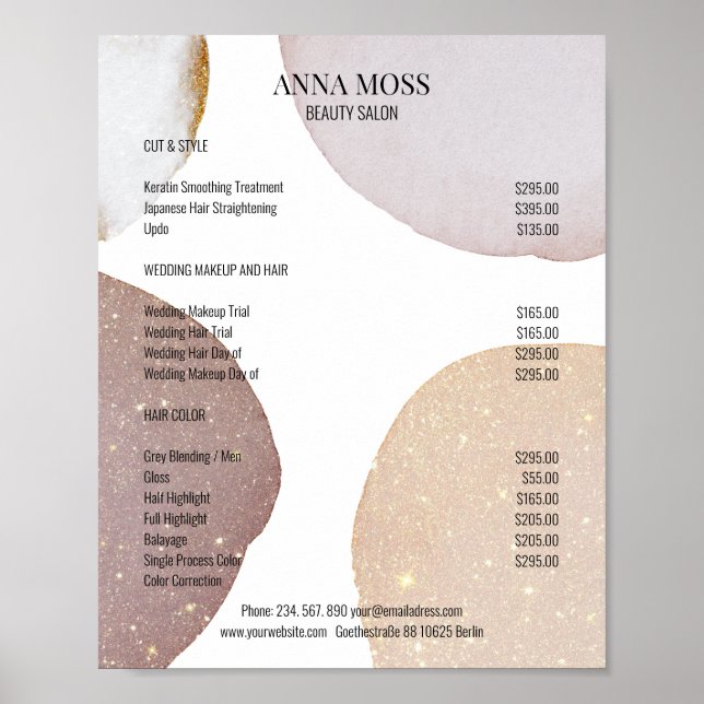 Kundenspezifischer Rosegold Glitter Preisliste Poster (Front)