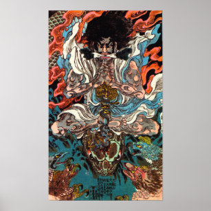Kuniyoshi The Warrior asian samurai riding snake Poster