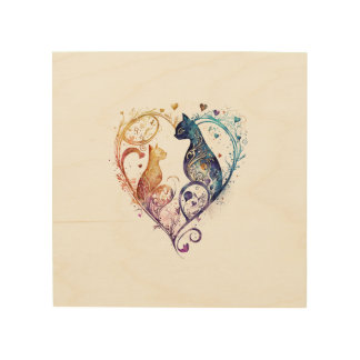 Kuraudea a cute flourish love cat Wood Wall Art