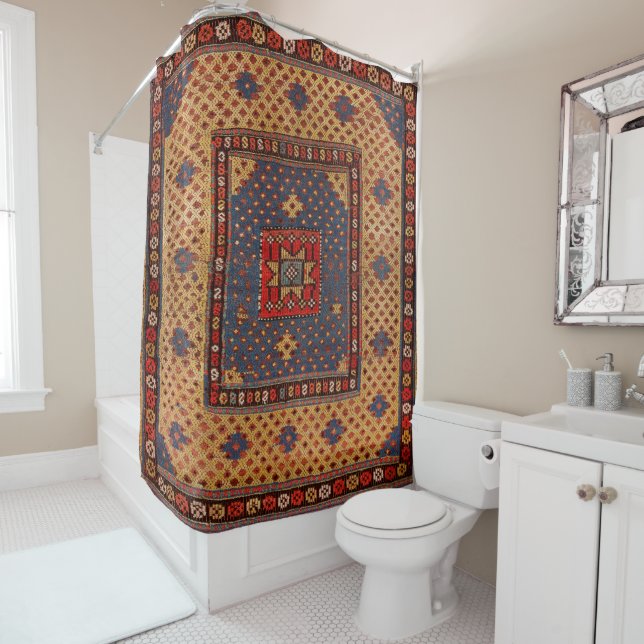 Kurdish Safreh Dark Tan Yellow Blue  Shower Curtain (In Situ)