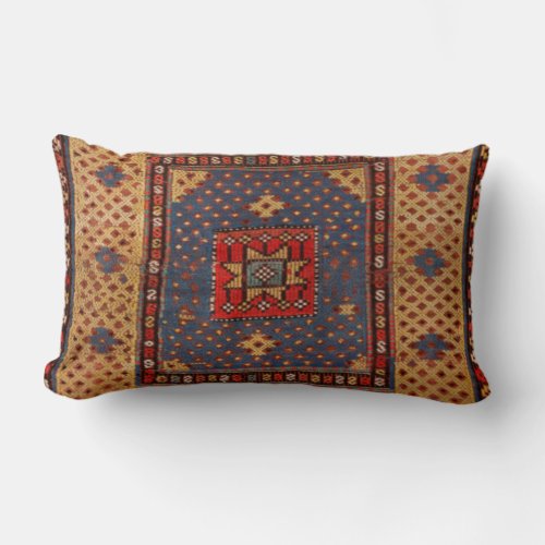 Kurdish Safreh Dark Tan Yellow Blue Throw Pillow