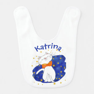 Kute Kitty Blue Starry Night with Gold Stars Baby Bib