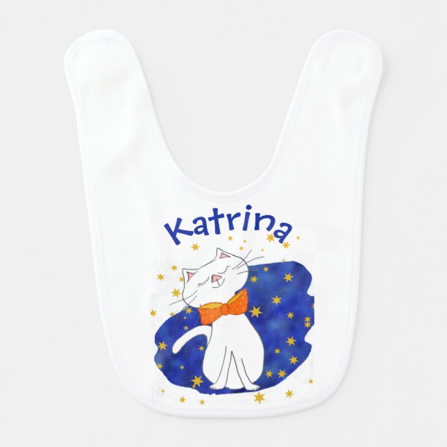 Kute Kitty | Blue Starry Night with Gold Stars Baby Bib (Front)