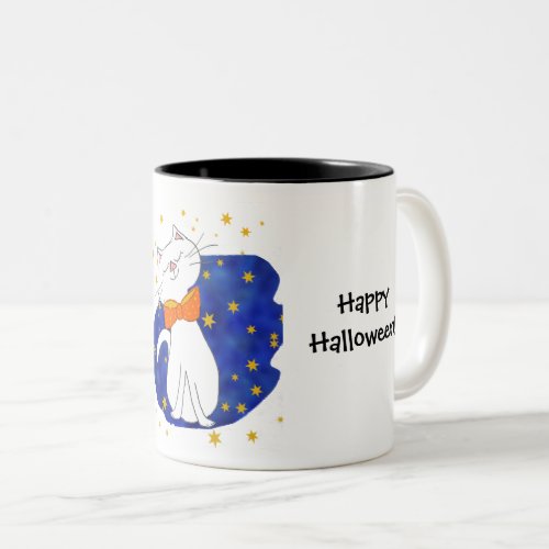 Kute Kitty  Blue Starry Night with Gold Stars Two_Tone Coffee Mug