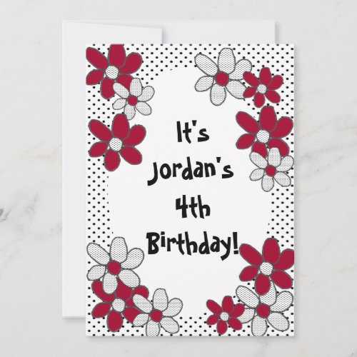 Kute Kitty  Red Flower on Black White Polka Dot Invitation