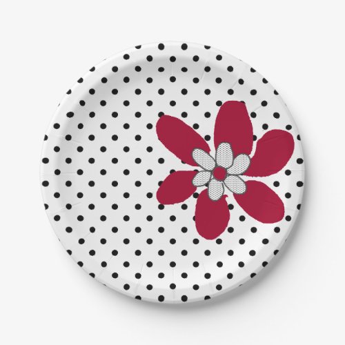 Kute Kitty  Red Flower on Black White Polka Dot Paper Plates