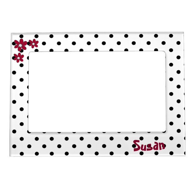 Kute Kitty | Red Flowers on Black White Polka Dot Magnetic Frame (Front)