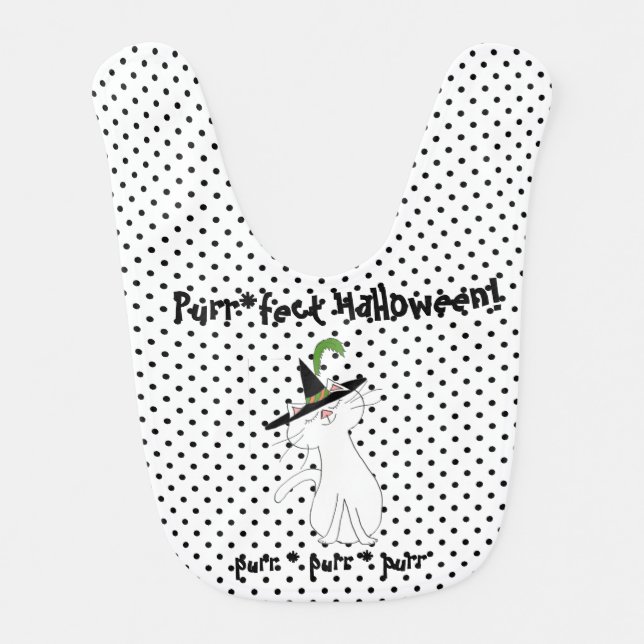 Kute Kitty | White Cat Black White Polka Dot Baby Bib (Front)