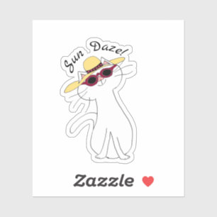 Kute Kitty White Cat, Straw Hat, Sunglasses, Sun Sticker