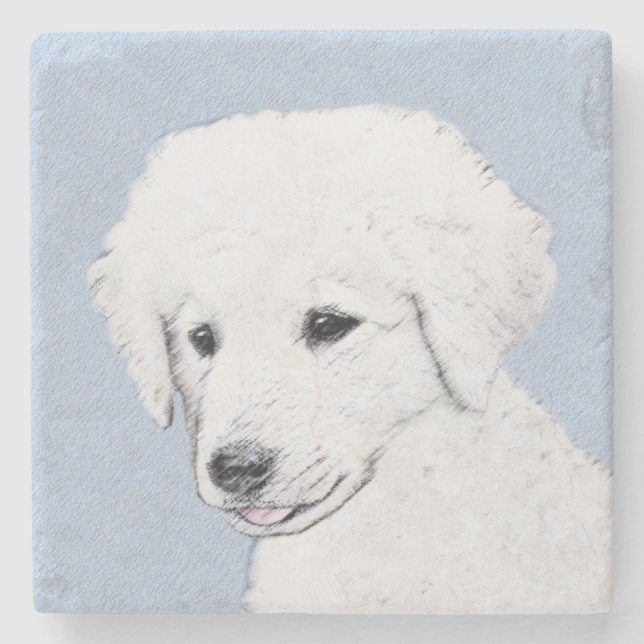 Kuvasz Painting - Cute Original Dog Art Stone Coaster (Front)