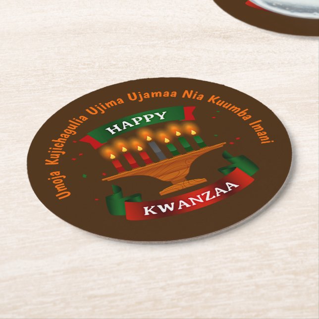 Kwanzaa Candles Red Black Green 7 Principles  Squa Round Paper Coaster (Angled)