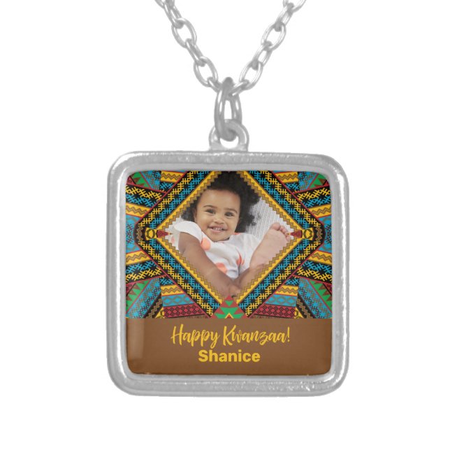 Kwanzaa Custom Brightly Colored Diamond Patter Silver Plated Necklace (Front)