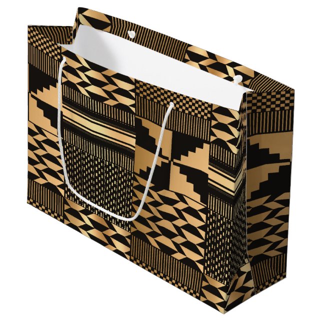  Kwanzaa Kente Print (Black/Gold) Large Gift Bag (Front Angled)