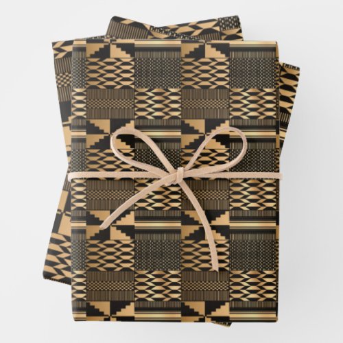  Kwanzaa Kente Print BlackGold Wrapping Paper Sheets