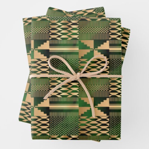  Kwanzaa Kente Print GreenGold Wrapping Paper Sheets