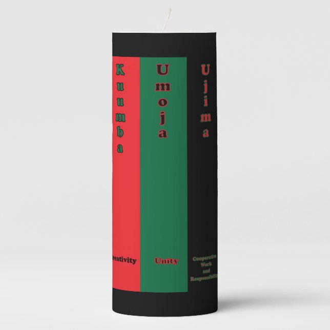 Kwanzaa Seven Principles Vertical Red Green Black Pillar Candle (Front)