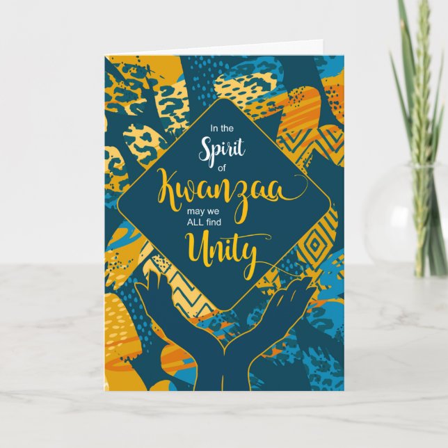 Kwanzaa Unity Blue and Yellow Tribal Abstract Holiday Card (Front)