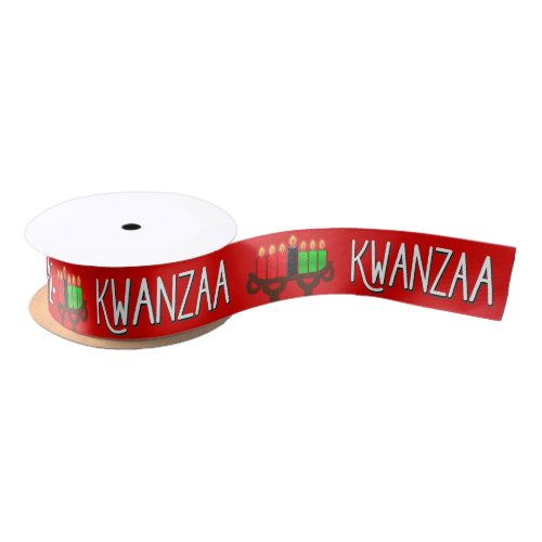 Kwanzaa with Lit Kinara Candles on Red Satin Ribbon