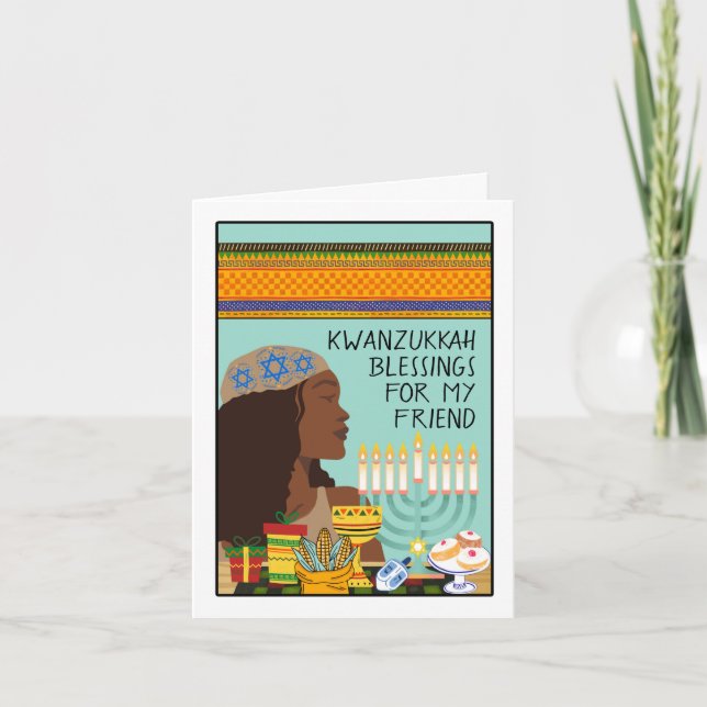 Kwanzukkah for Friend with Menorah Symbols Gifts Card (Front)
