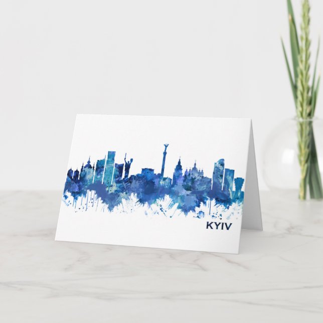 Kyiv Ukraine Skyline Blue Holiday Card (Front)