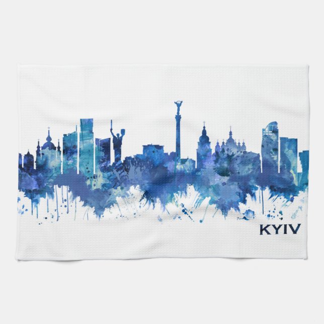 Kyiv Ukraine Skyline Blue Kitchen Towel (Horizontal)