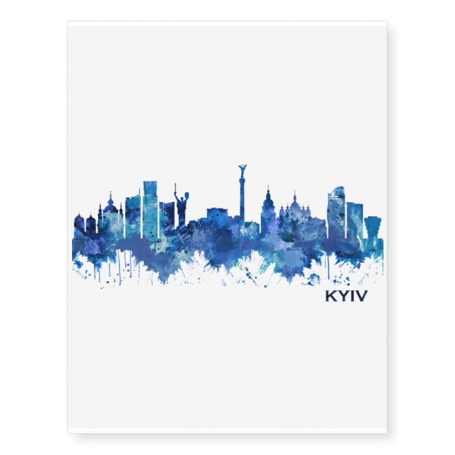 Kyiv Ukraine Skyline Blue Temporary Tattoos (Front)