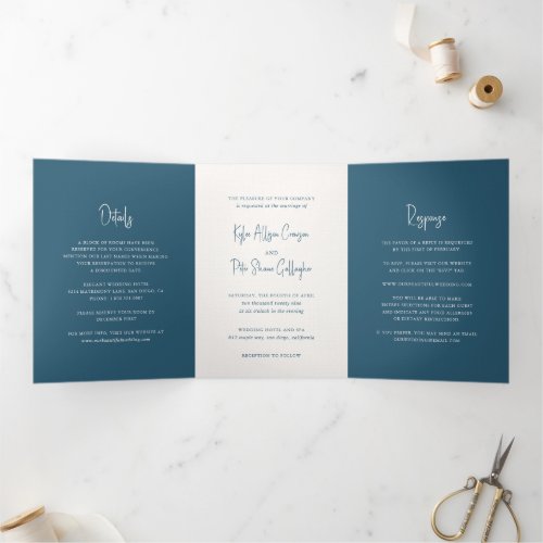 Kylee Blue Traditional Elegant Wedding Tri_Fold Invitation