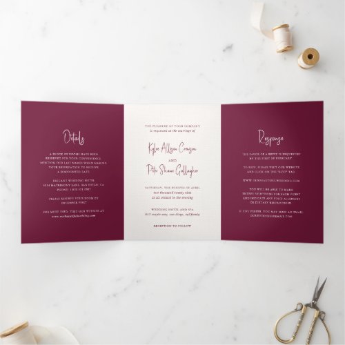 Kylee Burgundy Traditional Elegant Wedding Tri_Fold Invitation
