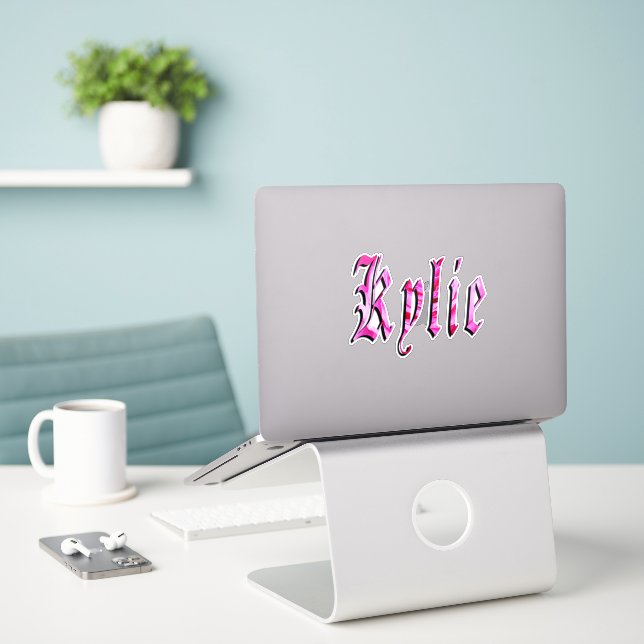 "Kylie" Floral Pink Kylie Name, Sticker (Laptop On Desk)