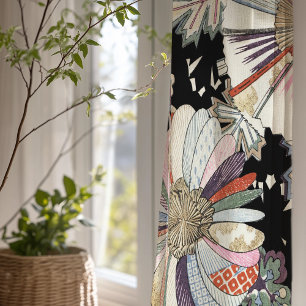 Kyoto Bold Fan Floral Design on Black Sheer Curtains