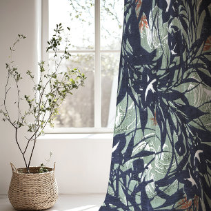 Kyoto Bold Silhouette Design Navy and Green Sheer Curtains
