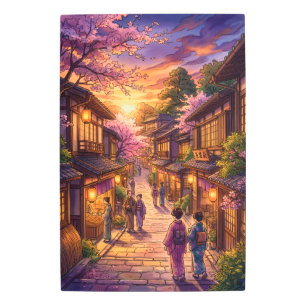 Kyoto Cherry Blossom Sunset Village Metal Sign