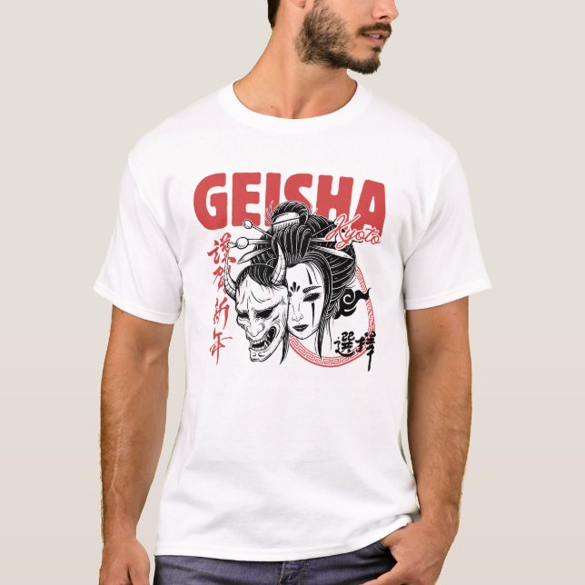 Kyoto Geisha x Oni Mask – Japanese Fusion Streetwe T-Shirt (Front)