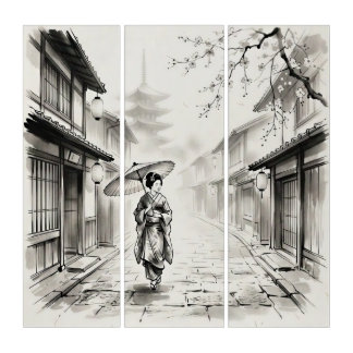 Kyoto Gion Ink Wash Street Scene Triptych