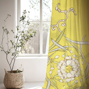 Kyoto-Inspired Bold Yellow White Floral Sheer Curtains
