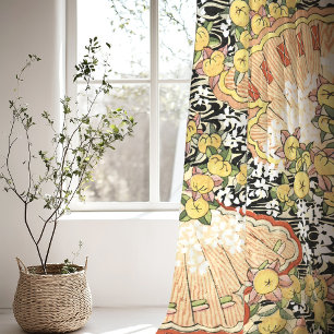 Kyoto-Inspired Yellow Floral Fan Design Sheer Curtains