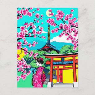 Kyoto, Japan Cherry Blossom Geisha Art Travel Postcard