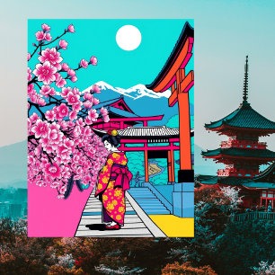 Kyoto, Japan Cherry Blossom Temple Art Travel Postcard