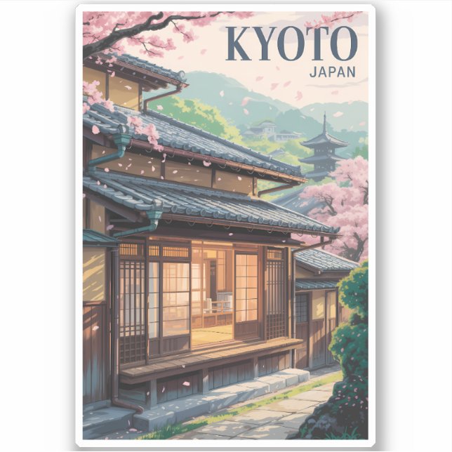 Kyoto Japan House Illustration Travel Art Vintage Sticker (Front)