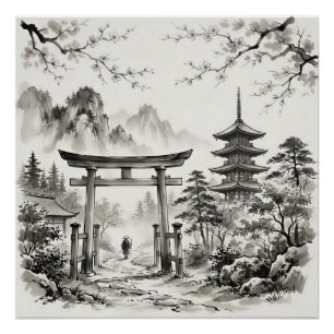 Kyoto Japan Ink Wash Landscape Poster